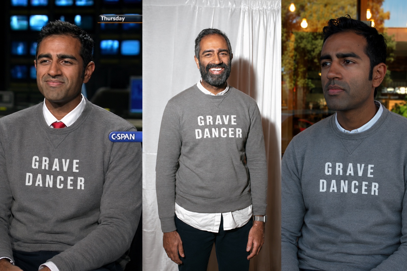 Three photos of Amol Sarva wearing the gray Grave Dancer shirt
